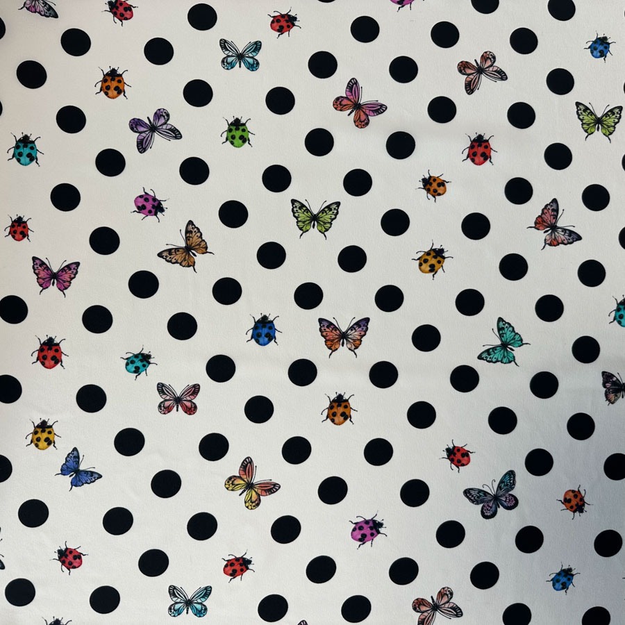 Siid naturaalne, valgel täpid, liblikad, lepatriinud, laius 135cm.