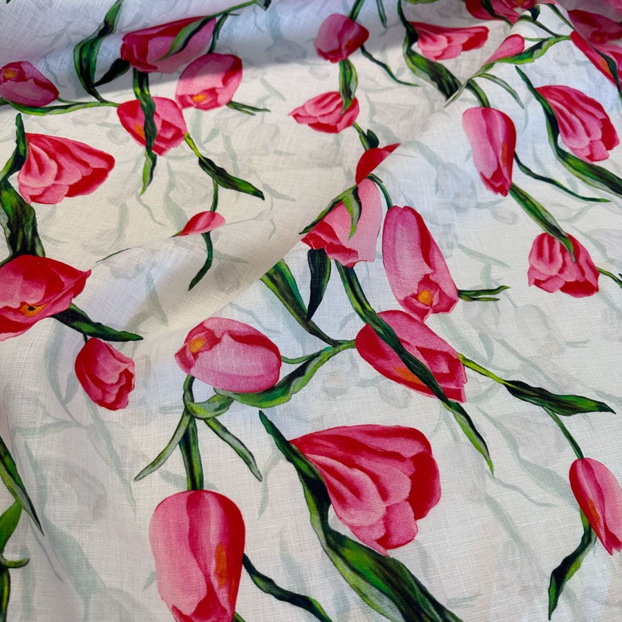 Linane kleidiriie, valgel roosa tulbimuster, laius