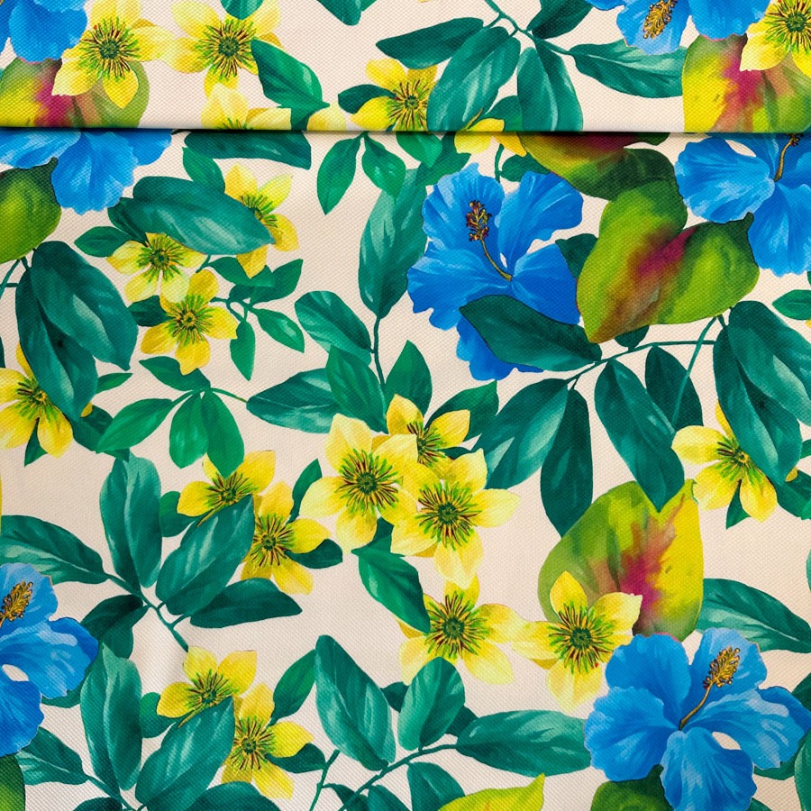 Puuvillpikee stretch, kreemil põhjal kollased ja sinised õied, laius 145 cm