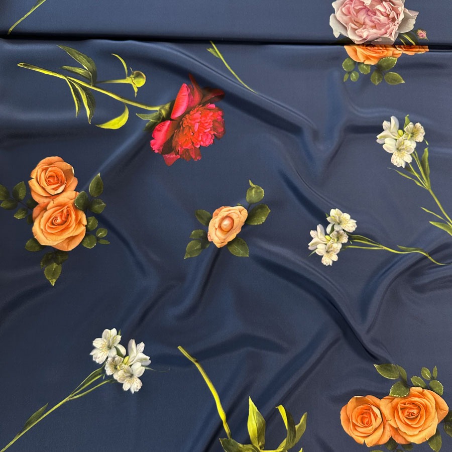 Siid, tumesinisel lilled, laius 140 cm