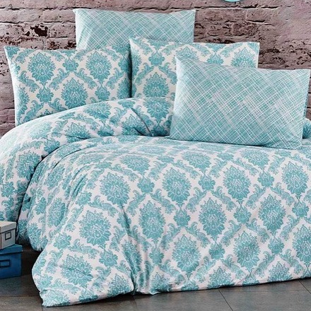 Voodipesukangas valgel türkiisjas ornament, l.240cm, 100% puuvill, Ranforce