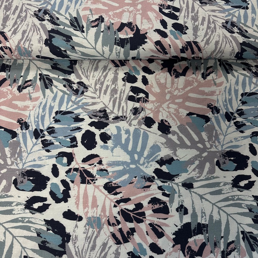 Lehemustriga linasegu kreppkangas, sinine-roosa, laius 150 cm