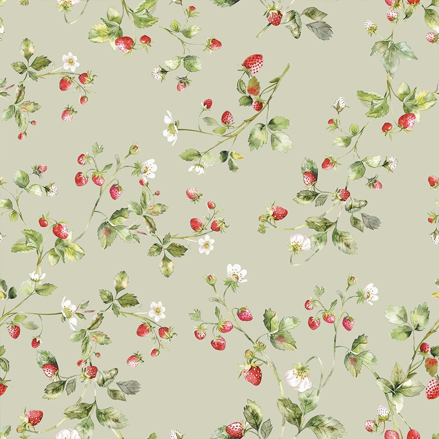 Vett hülgav laudlinakangas, salveirohelisel maasikamuster, laius 160cm