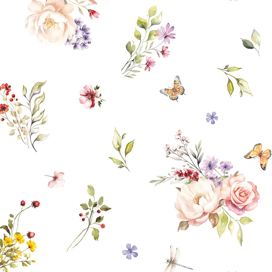 Vett hülgav kangas, valgel lilled ja liblikad, laius 160cm;