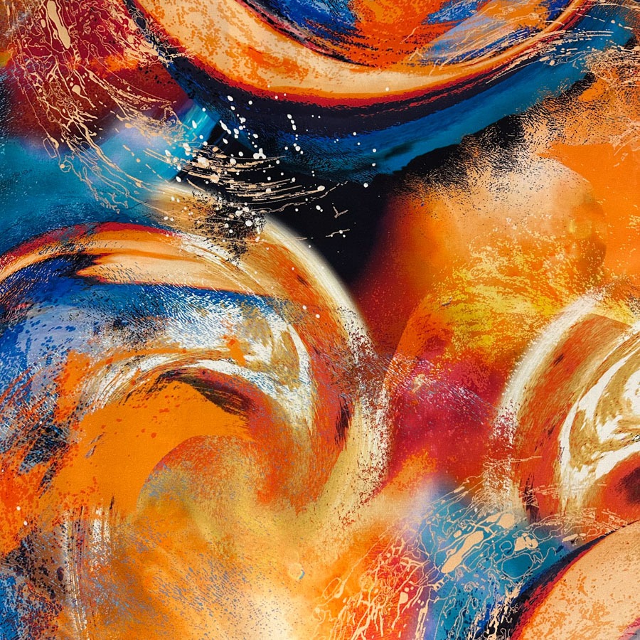 Siid stretch, "kosmos" oranži- sinisega, laius 135cm