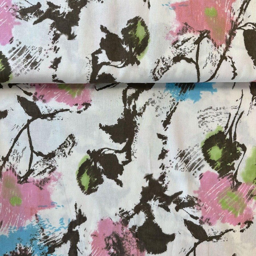 Lina- ja viskoosisegu kangas, abstraktse lillemustriga, laius 135 cm