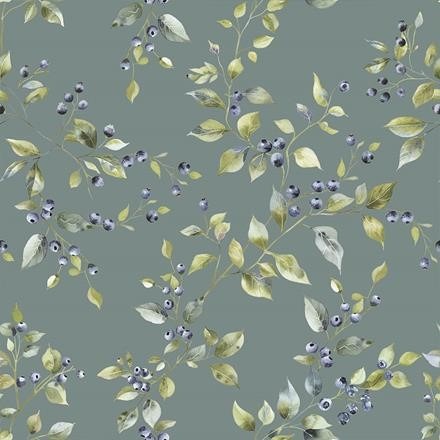 Vett hülgav laudlinakangas, sinkjasrohekal mustikamuster, laius 160cm