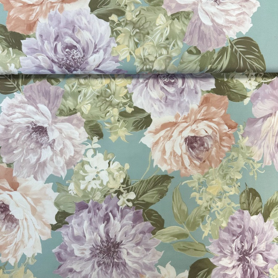 Trikotaažkleidiriie, paksem, suured lilled mündirohelisel põhjal, laius 140cm.