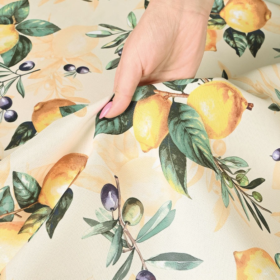 Vett hülgav laudlinakangas, sidrunitega muster, laius 160cm