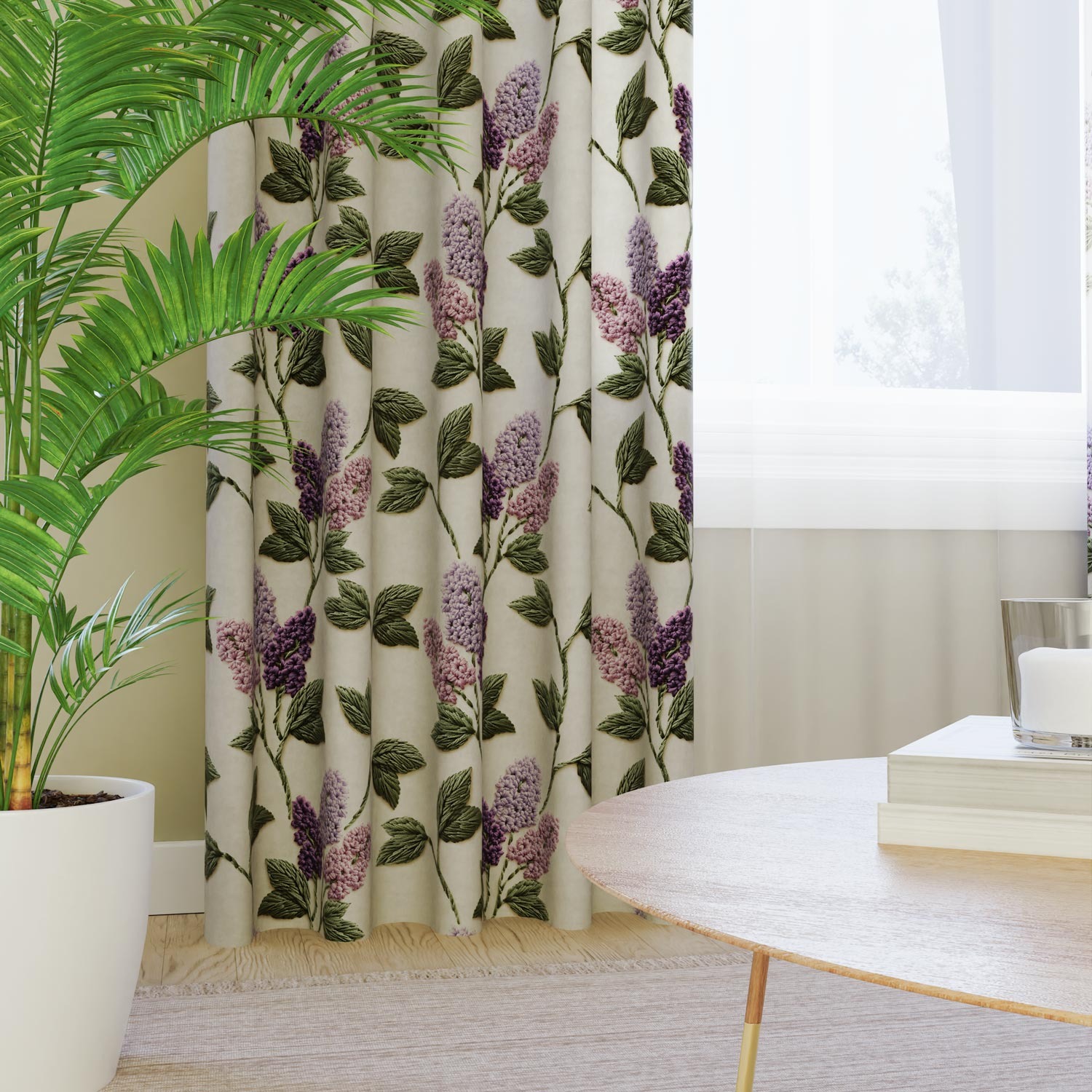 Külgkardinakangas sametine sirelimustriga, laius 165cm