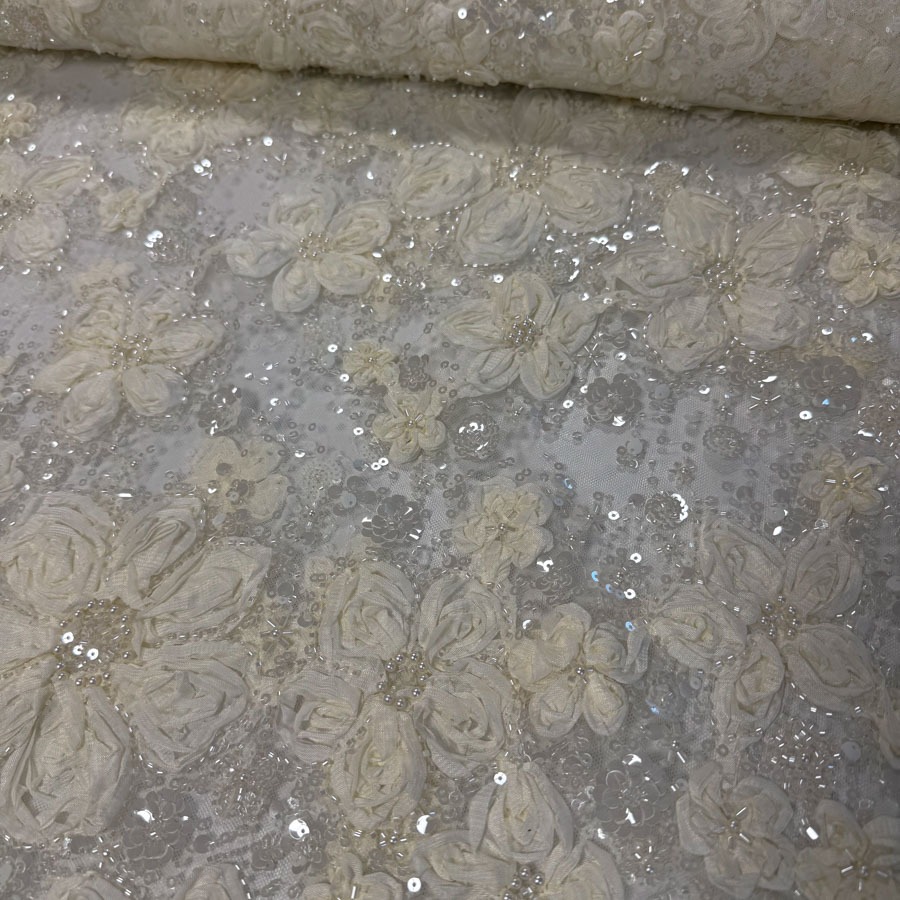 3D pits litrite ja pärlitega, naturaalvalge, laius 135 cm