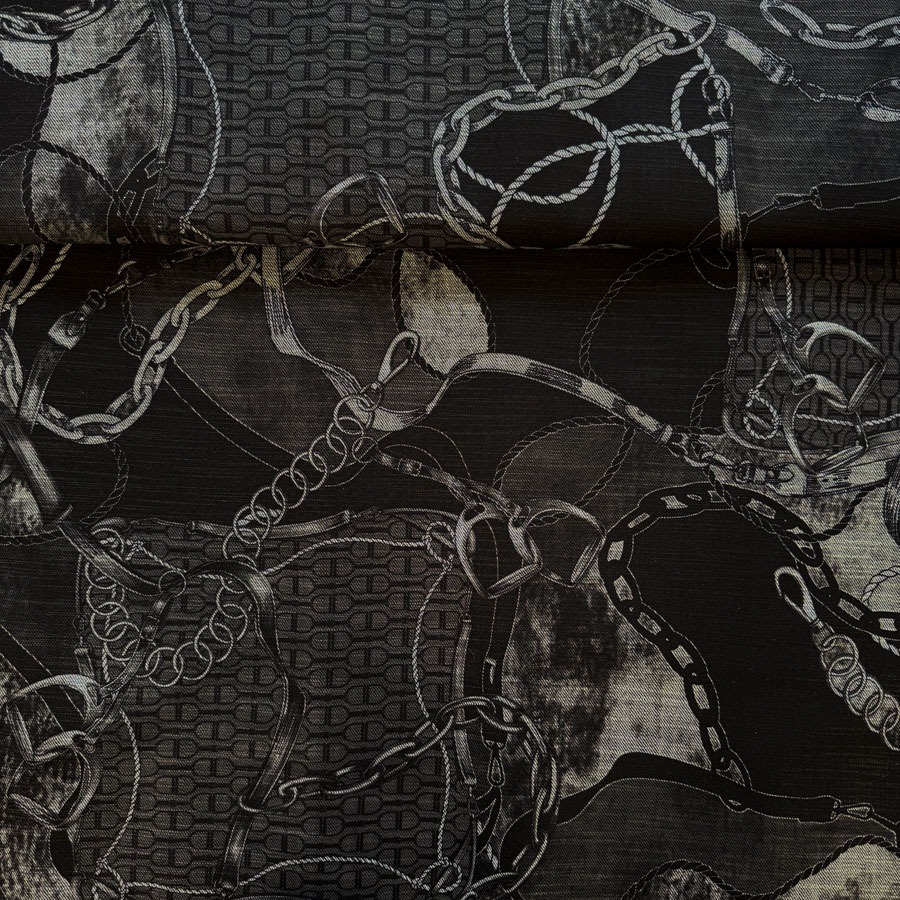Teksariie stretch, mustal-hallil ketid ja rihmad, laius 140 cm