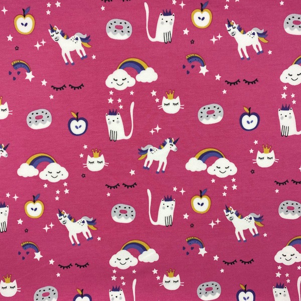 Trikotaaž, fuksiaroosal vikerkaared, kassid jne. l.150cm, 220g/m2, OEKO-TEX