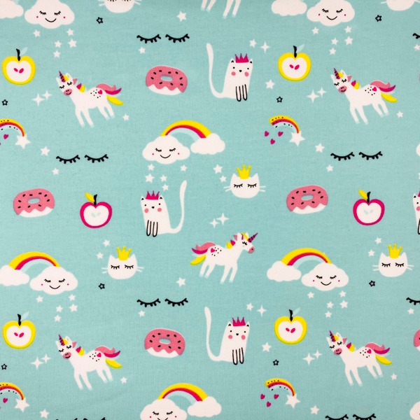 Trikotaaž türkiisil vikerkaared, kassid jne. l.150cm, 220g/m2, OEKO-TEX