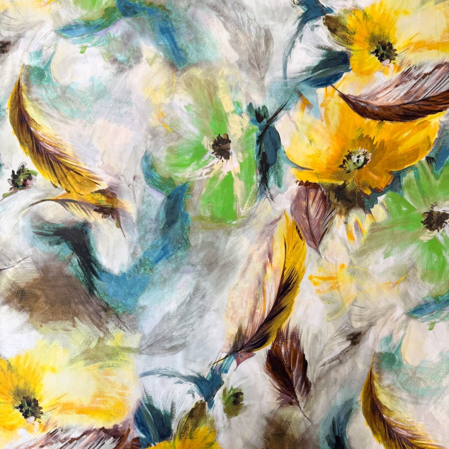 Siid stretch, kollased-rohelised suured suled ja lilled, laius 140cm