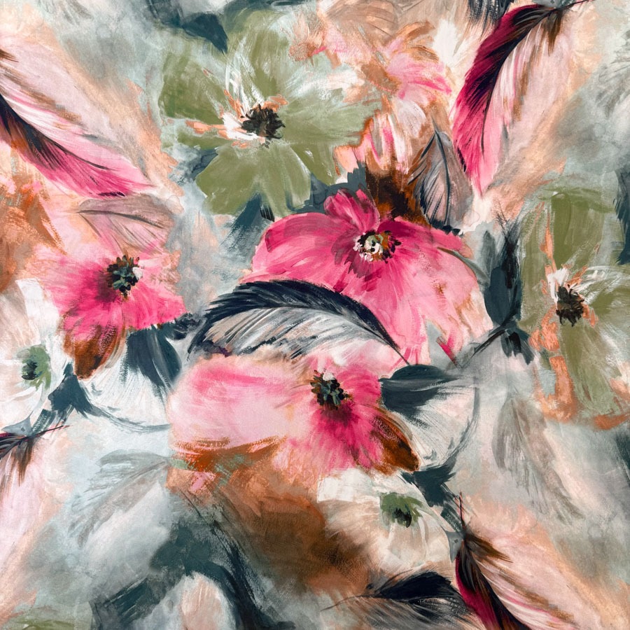 Siid stretch, rohelised-roosad lilled, suled, laius 140cm.