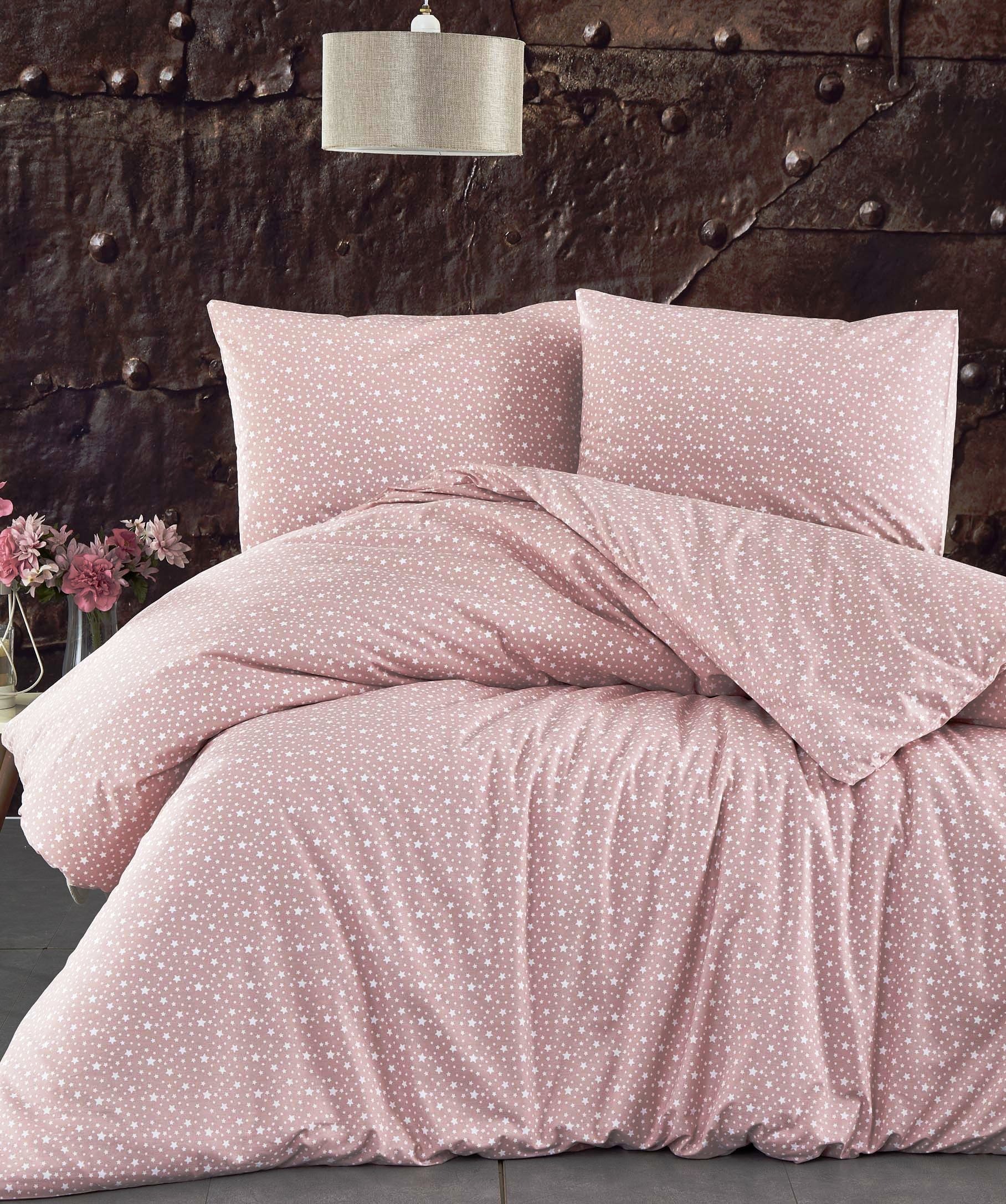 Voodipesukangas korallroosal valged tähekesed, l.240cm, 100% puuvill, Ranforce 1206-33