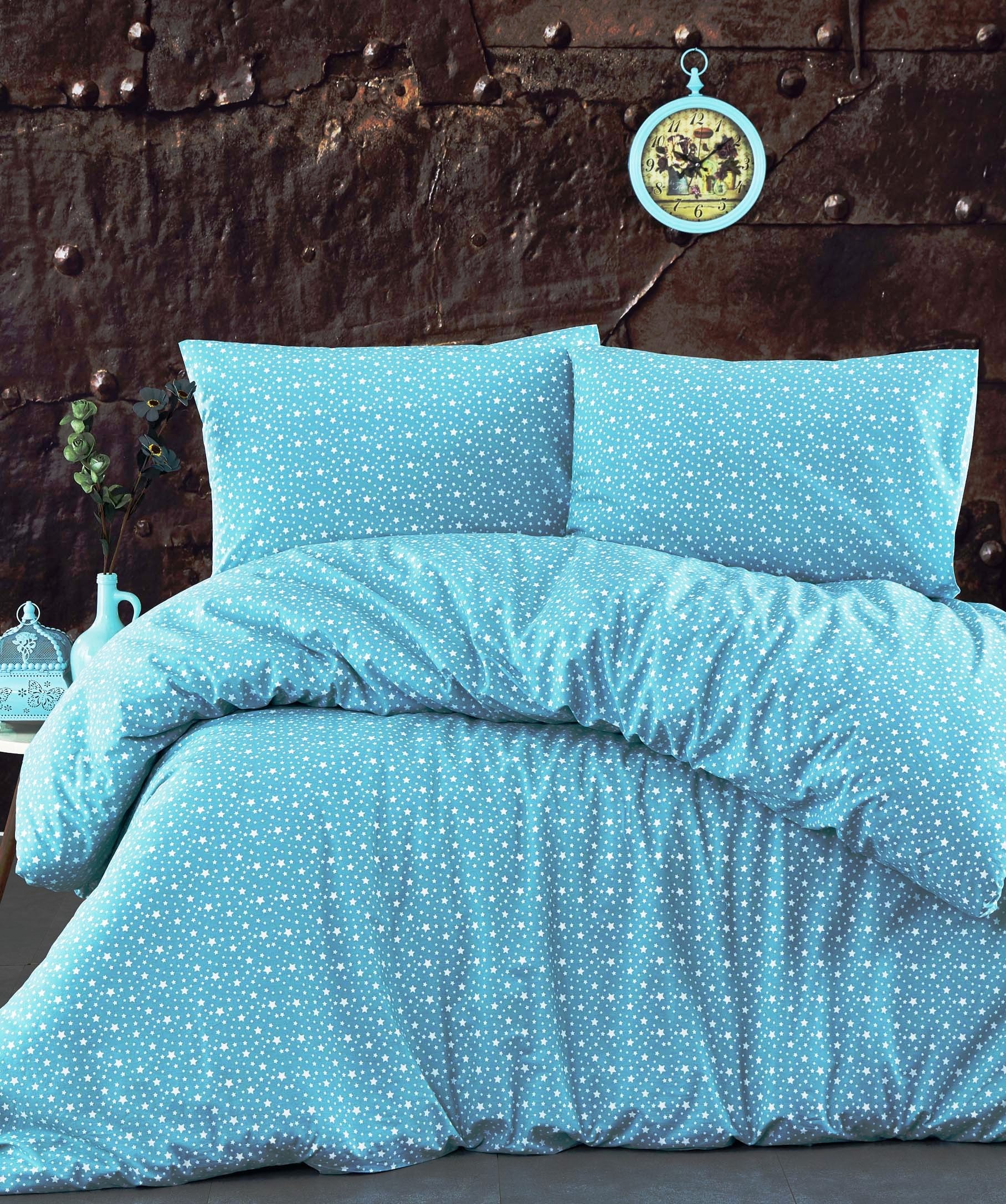 Voodipesukangas türkiisil valged tähekesed, l.240cm, 100% puuvill, Ranforce 1206-34