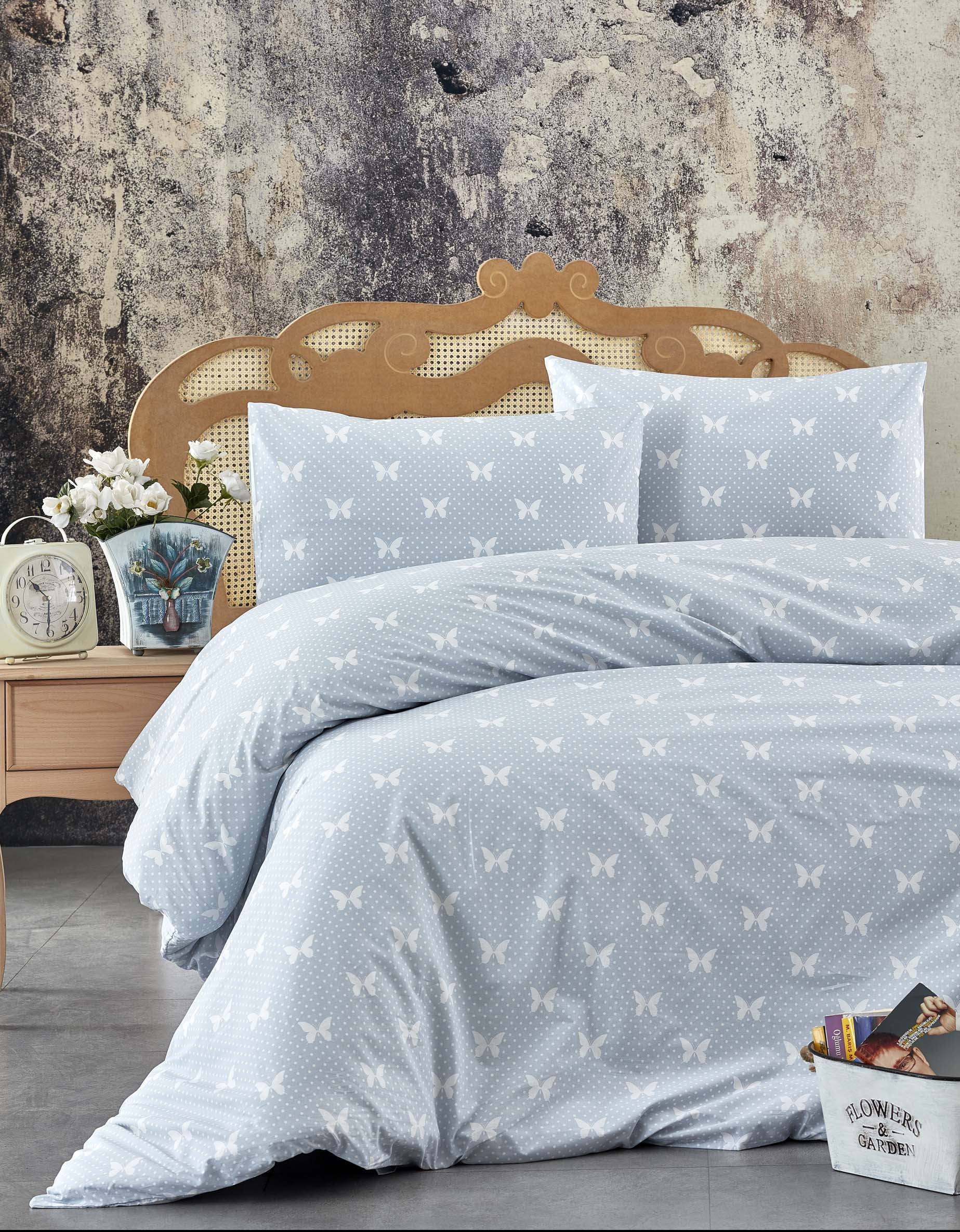 Voodipesukangas sinakashallid liblikad ja täpid, l.240cm, 100% puuvill, Ranforce