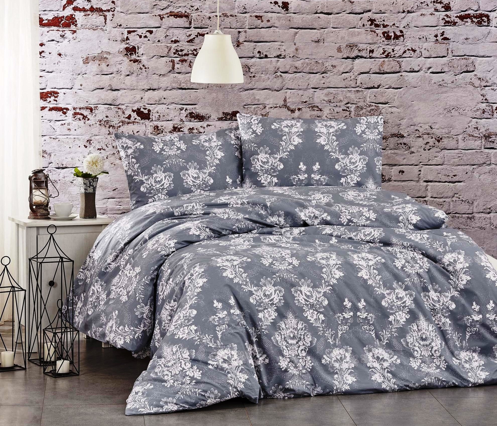 Voodipesukangas, hallil valge ornament, l.240cm, 100% puuvill, Ranforce 1325-2