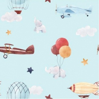 Trikotaaž, helesinisel kuumaõhupallid ja lennukid, laius 155 cm, OEKO-TEX