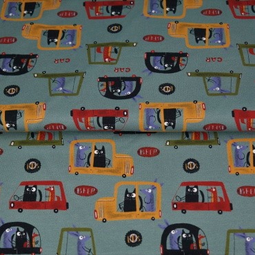 Trikotaaž, loomad autodes, l. 155 cm, 215g/m2, OEKO-TEX